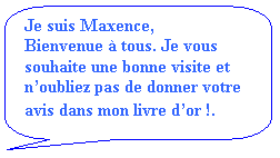 Bulle rectangulaire  coins arrondis: Je suis Maxence,
Bienvenue  tous. Je vous souhaite une bonne visite et noubliez pas de donner votre avis dans mon livre dor !.

